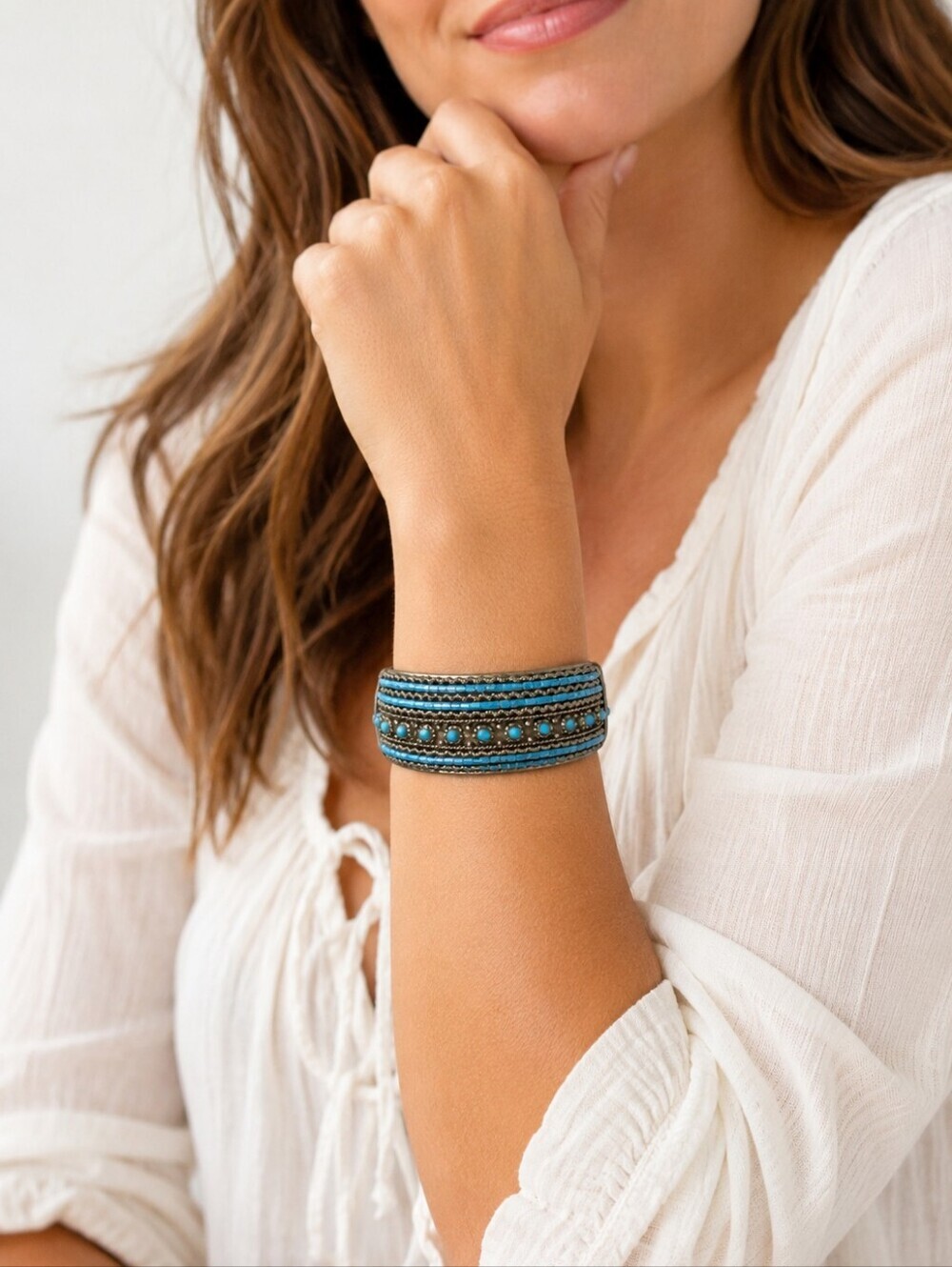 Vintage Boho Turquoise Blue Beaded Hinged Cuff Bracelet Tribal Style
